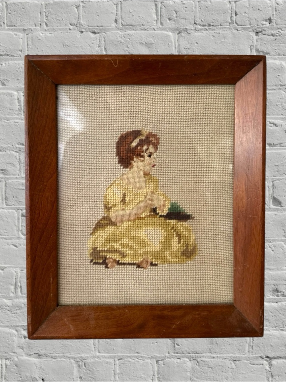Vintage ANTIQUE Framed Needlepoint Art Little Girl WOOD FRAME